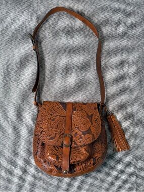 Patricia Nash Women’s Brown Embossed Leather Crossbody Bag with Tassel’s
